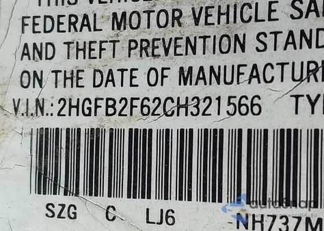 2012 Honda Civic Hf z USA, uszkodzony, nr VIN 2HGFB2F62CH321566